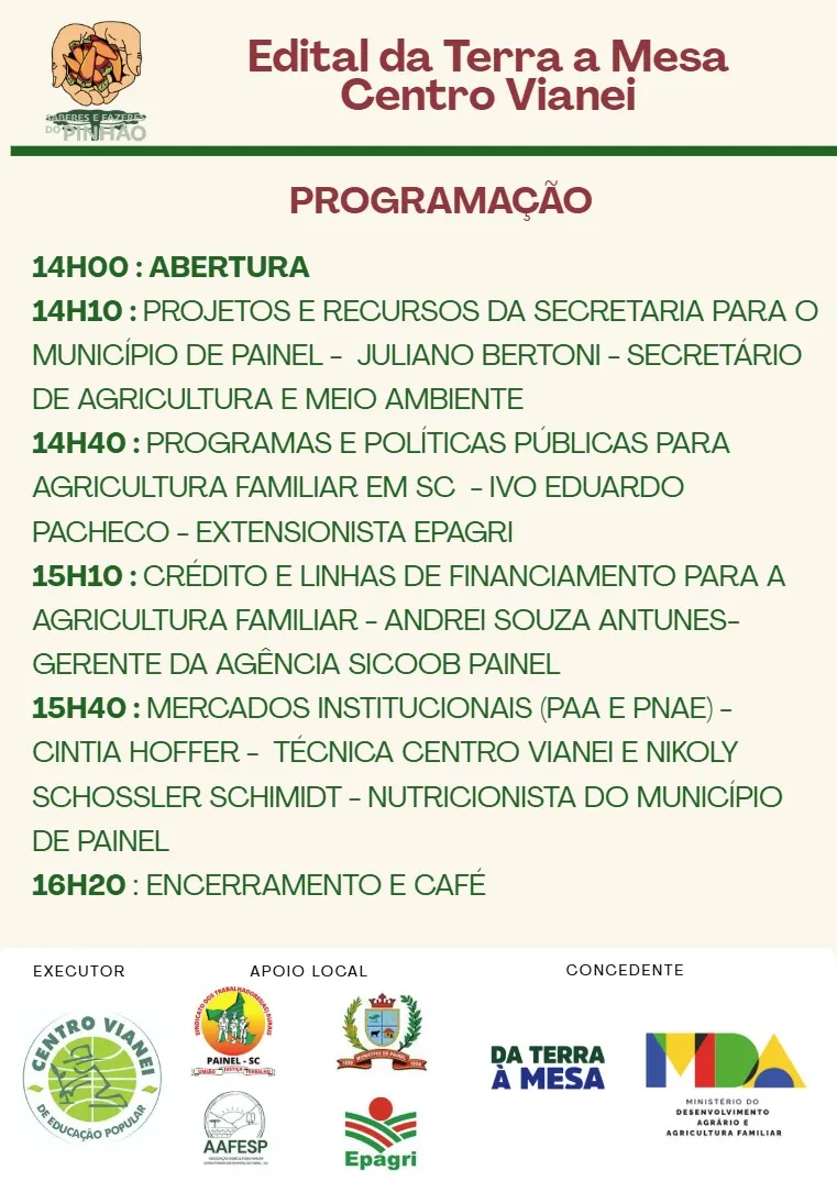 Cartaz com a programação da oficina do edital Da Terra à Mesa em Painel, das 14h às 16h20