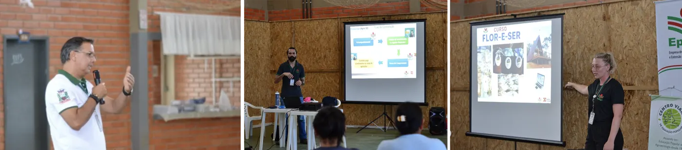 Apresentação sobre as programas e políticas públicos apoiados pelo estado de Santa Catarina, por Rodrigo Woitechen, extensionista da EPAGRI; apresentação sobre as programas e políticas públicos apoiados pelo estado de Santa Catarina, Elen Abou Hatem, extensionista da EPAGRI; e apresentação do programa Sesc Mesa Brasil, com as representantes do programa Priscila Timmersmans e Bruna Bisognin.
