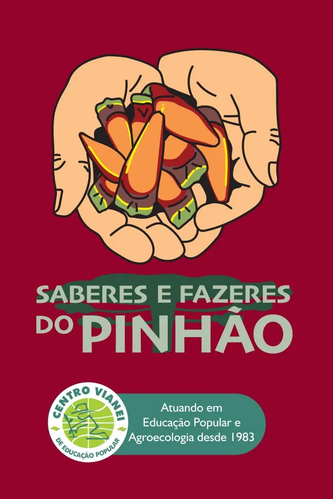 Cartaz da campanha Saberes e Fazeres do Pinhão, com mãos segurando pinhões