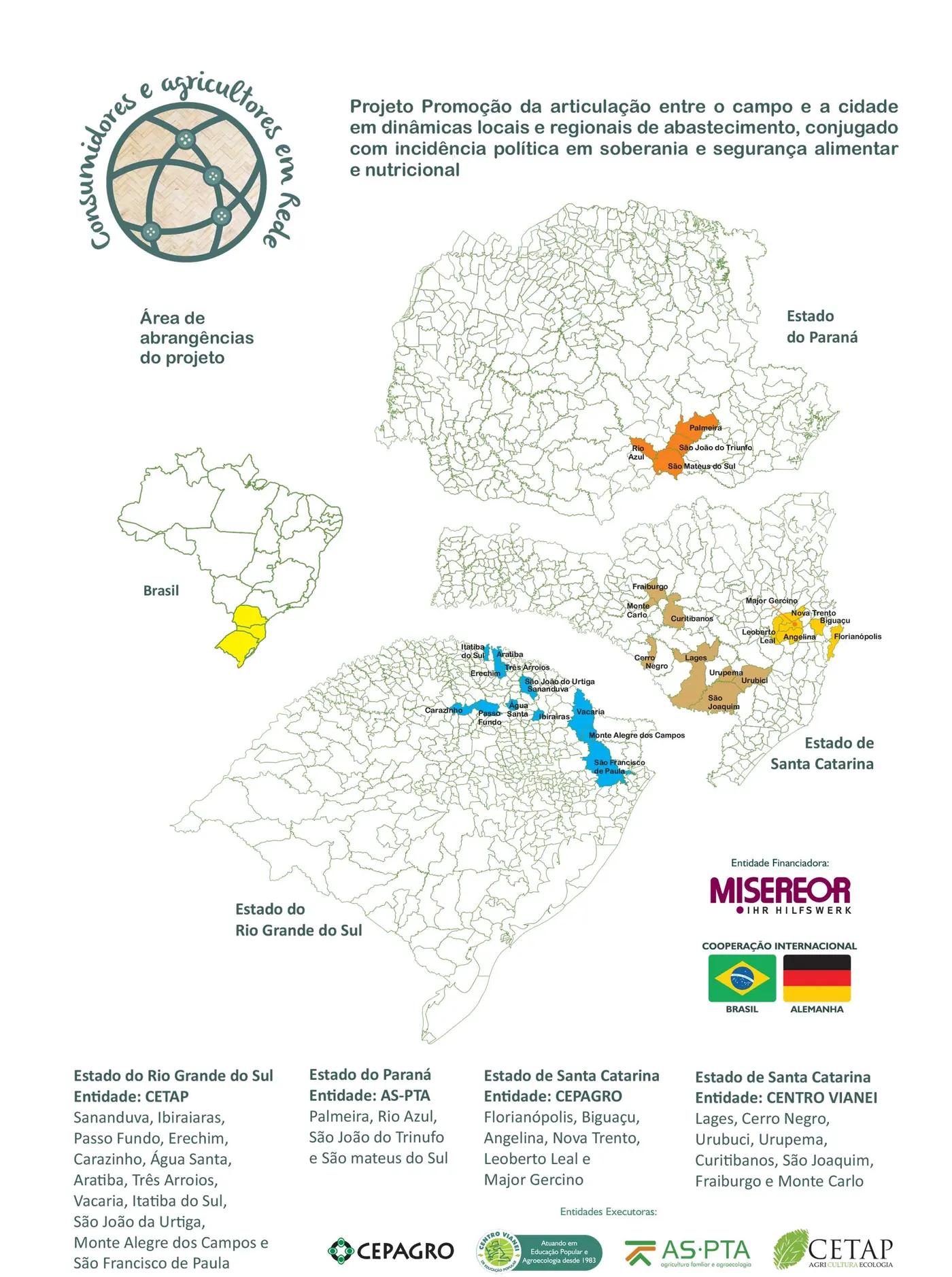 Mapa da área de abrangência do projeto nos estados do Paraná, Santa Catarina e Rio Grande do Sul